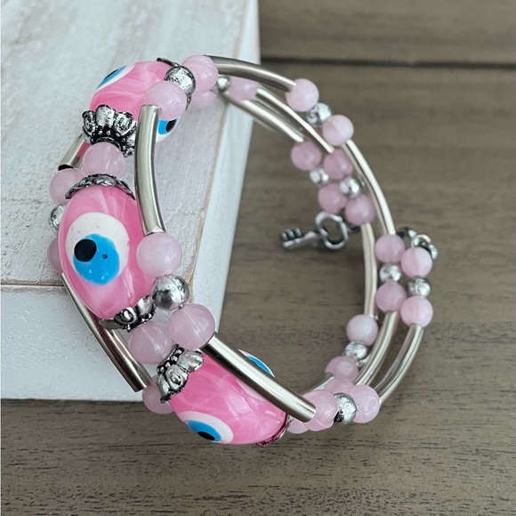 Pink Evil Eye Coil Bracelet for Women/Teen Girls - Picture 5 of 5